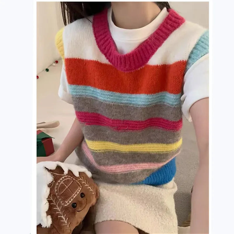 LIZAKOSHT  -  Women Knit Sweater Vests 2025 New Colorful Stripes Sleeveless O-neck Tops Knitwear Fashion Loose Casual Ladies Chic Jumpers