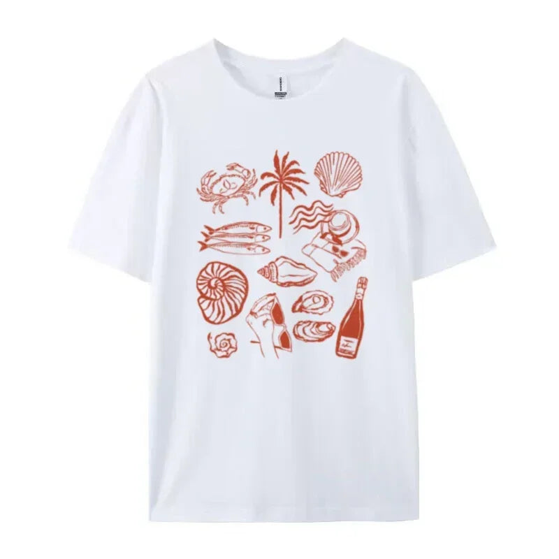 LIZAKOSHT  -  Summer Ocean Coastal Graphic Tees Trendy Retro Aesthetic La Dolce Vita T Shirt Cute Oyster Wine Shirt Beach Vacation Women Tops