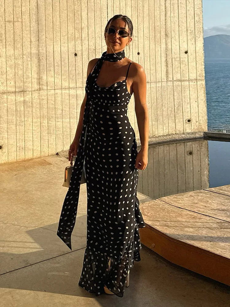 LIZAKOSHT  -  Halter Scarf Polka Dot Dress Pile Collar Slim Fit Suspender Lady Robes Beach Wrap Hip Fishtail Women's Camisole Long Dresses