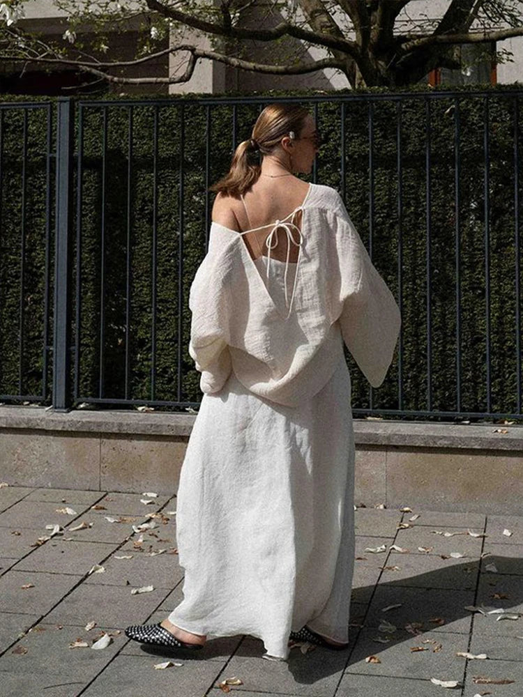LIZAKOSHT  -  Ladies' Sexy Backless Shirt Back Opening Tie White Top Long Sleeved Loose Casual Cover Deep V Autumn Women's Clothing