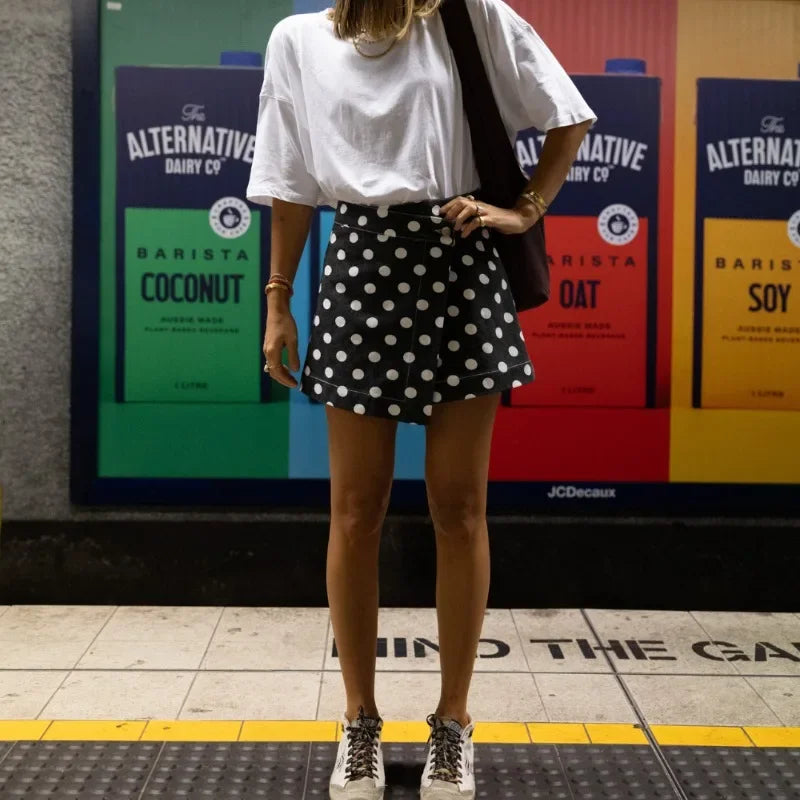 LIZAKOSHT  -  Women Y2K Polka Dot Denim Wrap Skirts Summer 2000s Vintage Mini Jeans Skirts Dress for Beach Vacation Streetwear