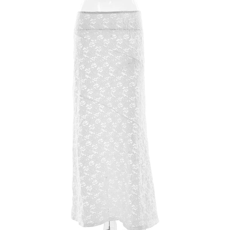 LIZAKOSHT  -  Elegant Women Lace White High Waist Party Long Dress See Through Summer Beachwear Party Ladies Maxi Vestidos
