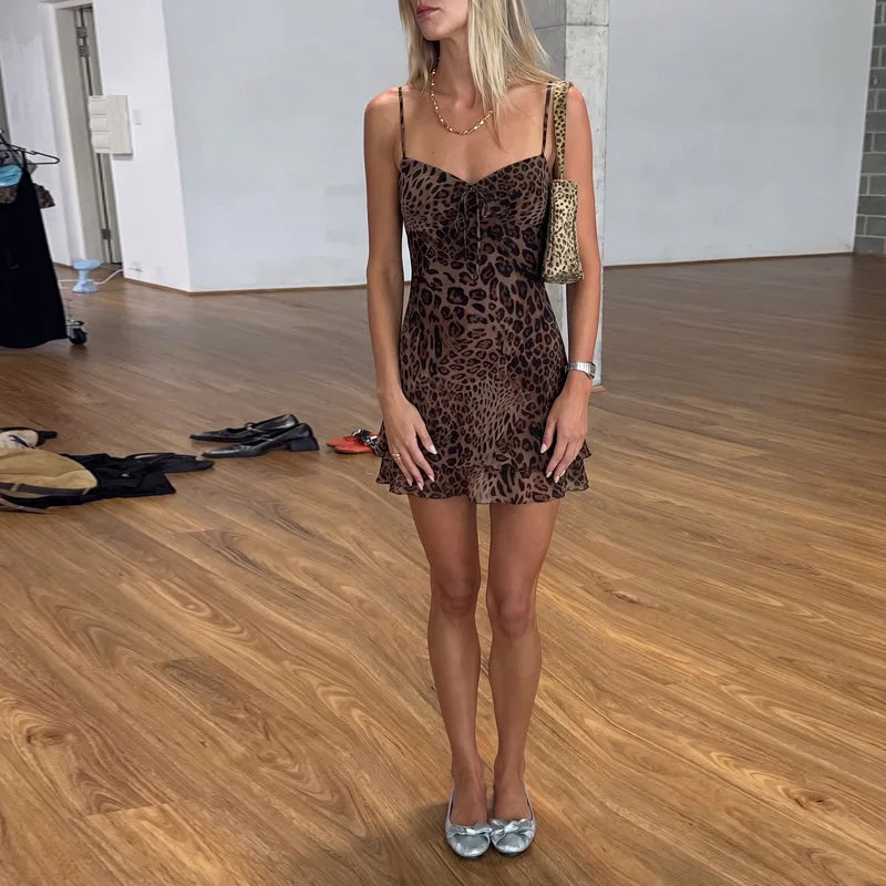 LIZAKOSHT  -  Women Sexy Leopard Print Chiffon Vacation Dress Streetwear Summer Girls Spaghetti Strap Backless Party Club Dresses
