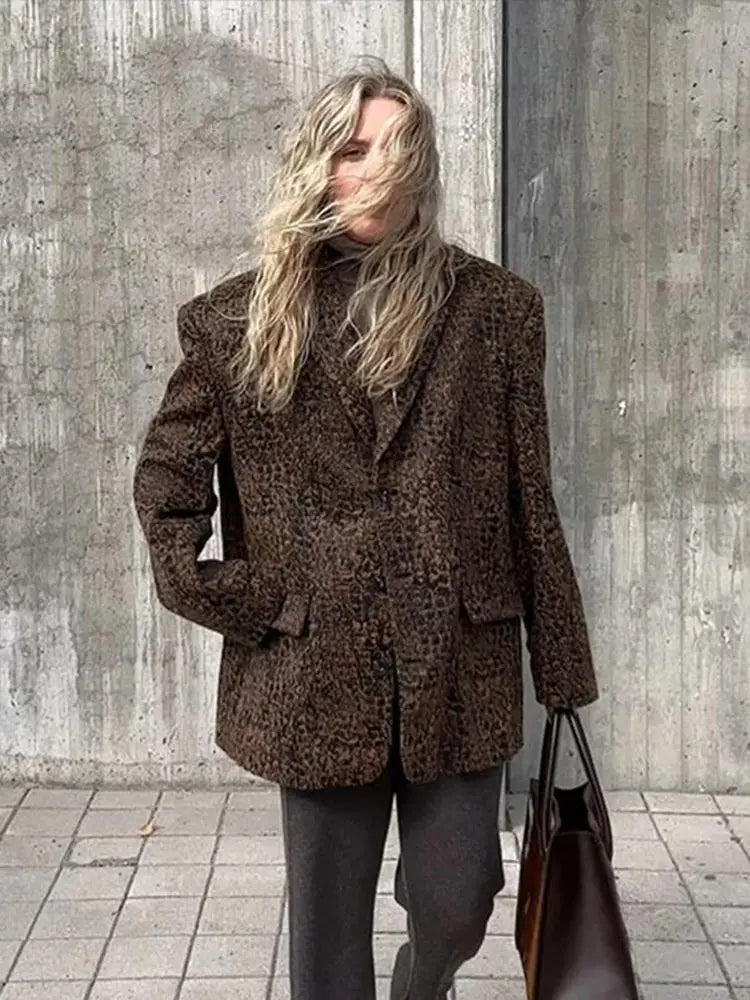 LIZAKOSHT  -  Leopard Turn-down Collar Coats Women Single-Breasted Long Sleeved Jackets For Woman Autumn Winter Office Vintage Outwears