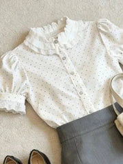 LIZAKOSHT  -  French Sweet Women 2 Piece Set Polka Dot Ruffle Collar Puff Sleeve Lace Blouse High Waist Pleated Mini Skirt Casual Office Outfi
