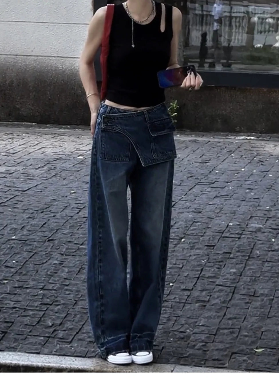 LIZAKOSHT  -  Women Casual Eclectic Waif 2000s Jeans American Vintage Patchwork Jeans Y2K Harajuku Street Style Washed Pockets Denim Trouser
