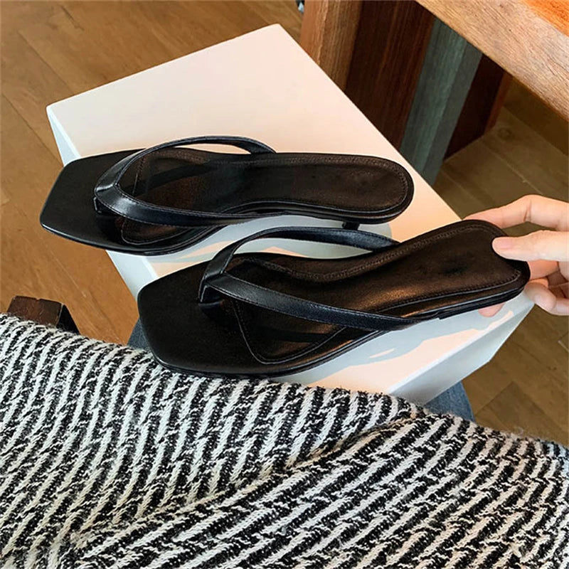 LIZAKOSHT  -  Summer Casual Thin Low Flats Heels Women Slippers Comfortable Square Clip Toe Daily Party Ladies Shoes