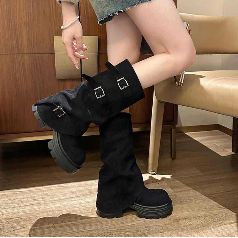 LIZAKOSHT  -  Winter Fashion Platform Thick Heel Woman Knight Boots Fashion Belt Buckle Slip On Mid Calf Booties