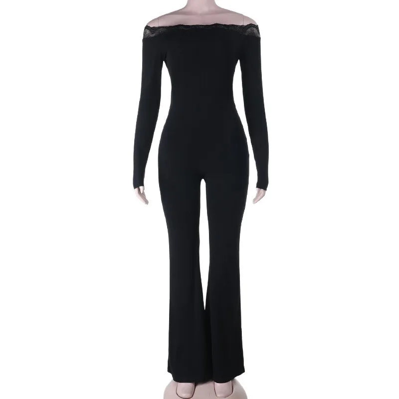LIZAKOSHT  -  Fall Winter Elegant Off Shoulder Lace Patchwork Jumpsuit Women Long Sleeve Solid Black Slim Fit Fashion Street Outfit