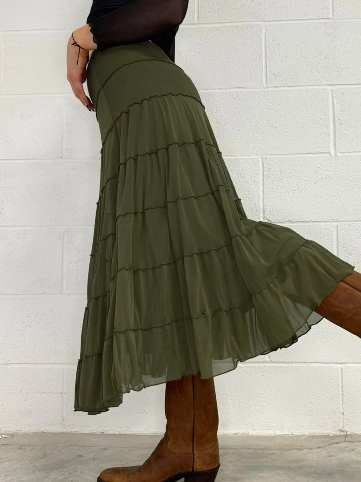 LIZAKOSHT  -  Vintage Patchwork Mesh A-Line Skirt Casual Solid Low-Waisted Maxi Skirts Women Autumn Spring Fashion Streetwear