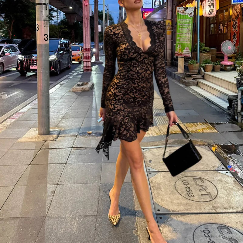 LIZAKOSHT  -  Irregular Sexy Deep V-neck Lace Women Dress Black Flare Sleeve Bodycon Mini Dress Autumn Slim Elegant Party Clunwear