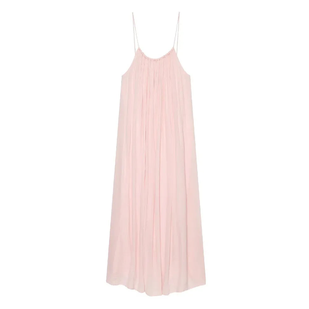 LIZAKOSHT  -  BOHO Women Wrinkled Pink Lacing Up Bow Strap Sling Dress O neck Loose Straight Midi Long Dresses Holiday Summer Sun Robe