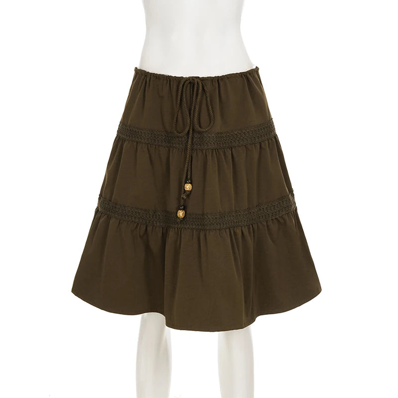LIZAKOSHT  -  Vintage A-Line Beaded Tie-Waist Woven Skirt For Woman Chic Brown Lace Design Slim Mid-length Skirt Y2k Boho Clothes New