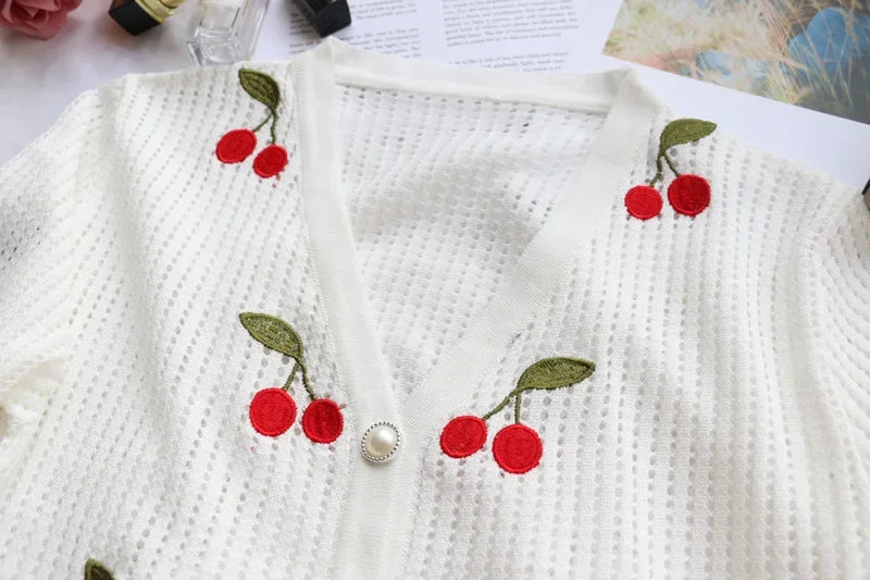 LIZAKOSHT -  Kawaii Cute Cherry Cardigan Sweet Slim Prairie Chic Long Sleeve V-Neck Sweater Women Knitted Crop Tops y2k Japanese Streetwear