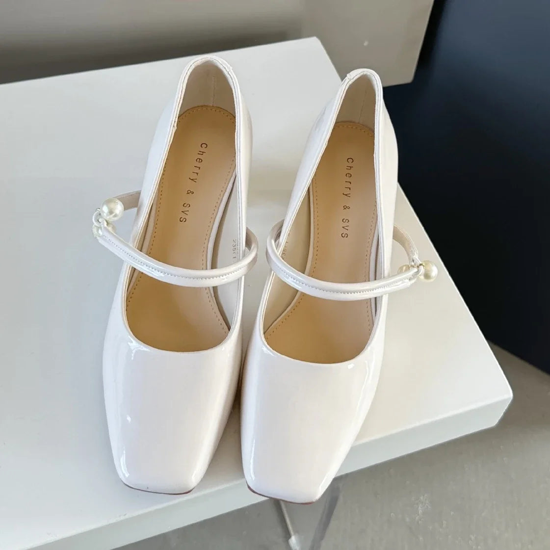 LIZAKOSHT  -  Fashion Chunky Mary Jane Shoe Patent Leather Elegant Dress Shoes Pearl Buckle Comfort Spring Square Toe High Heels Female Pumps