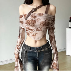 LIZAKOSHT  -  Summer Hot Girl Gothic Harajuku Brown Rose Printed Mesh Lace One Shoulder Long Sleeved T-shirt Fashion Punk Sexy Irregular Top