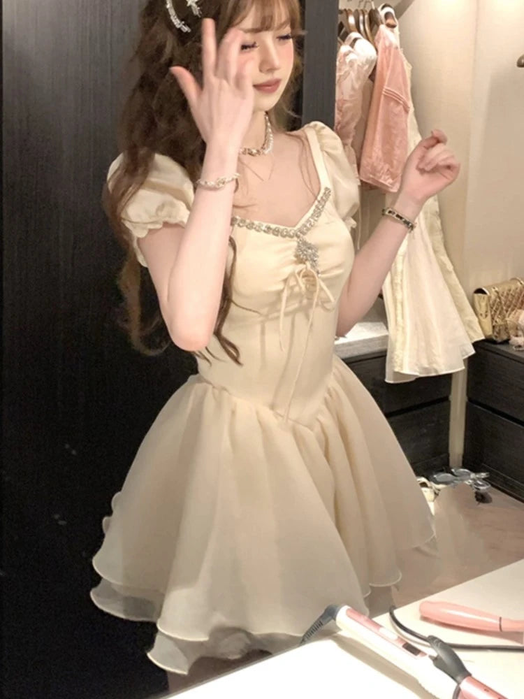 LIZAKOSHT  -  Elegant Vintage Princess Birthday Party Mini Dresses for Women Diamons Ball Gown A-line Korean Luxury One Piece Vestido Mujer
