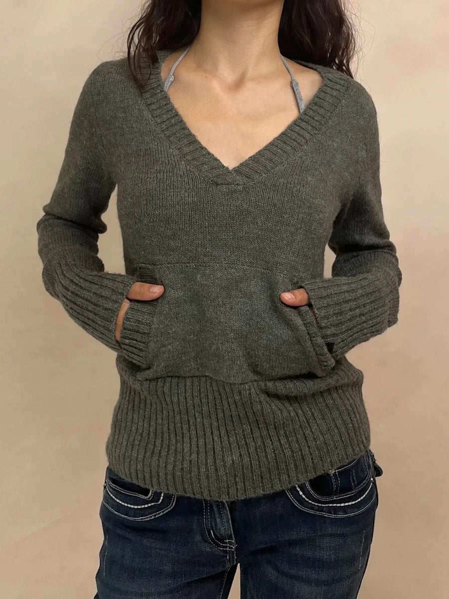 LIZAKOSHT  -  Solid Cotton Knitted Sweater Woman Pocket V-neck Long Sleeve Slim Pullover American Vintage Streetwear Preppy Style Jumper Tops
