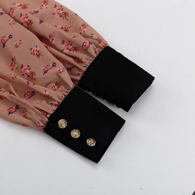 LIZAKOSHT  -  Fashion Printing Contrast Mini Dress For Women Turndown Collar High Waist Pleats Shirt Sleeve Patchwork Women's Mini Dress