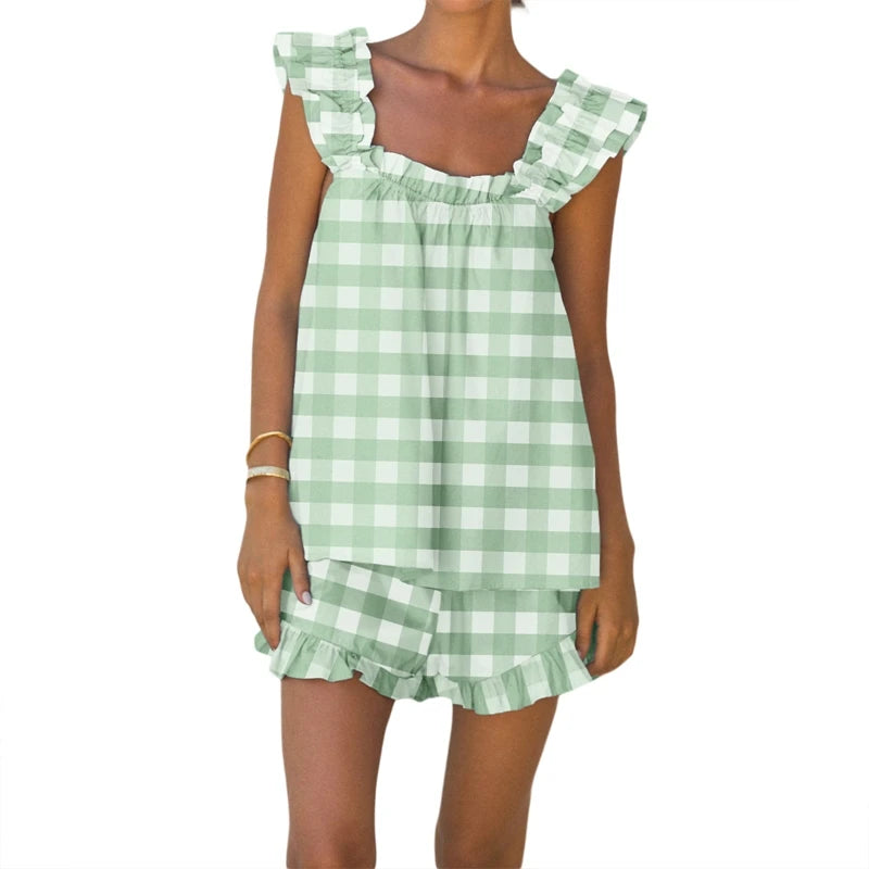 LIZAKOSHT  -  Striped Plaid 2 Piece Set Outfits Kawaii Loose Sleevless Tank Top Vest + Ruffles Hem Shorts Women Loungewear Matching Suit