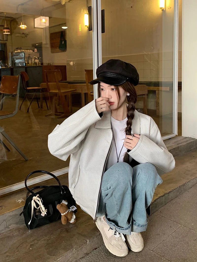 LIZAKOSHT  -  Reversible Jacket Women Spring Fall Simple Vintage Striped Baseball Zipper Chic Golf Outwear Harajuku Classic Commute Tops