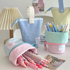LIZAKOSHT  -  Contrast Color Plaid Women's Bucket Storage Bags Simple Canvas College Girls Pencil Case Clutch Purse Handbags Cosmetic Bag
