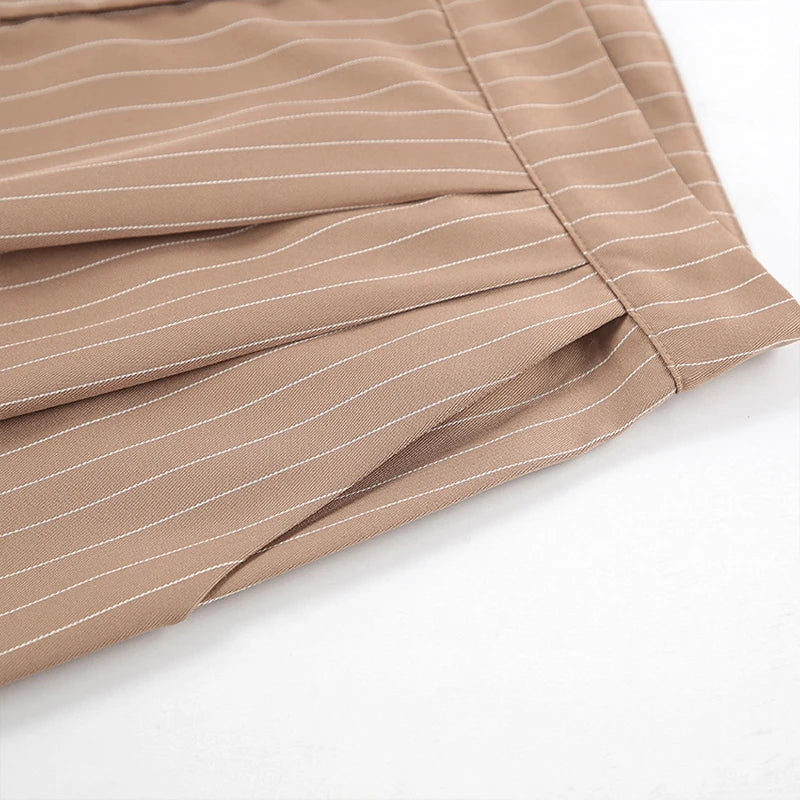 LIZAKOSHT  -  Office Lady Summer Striped Solid V Neck Buttons Sleeveless T-shirt and High Waist Wide Leg Pants Two Piece Sets For Women