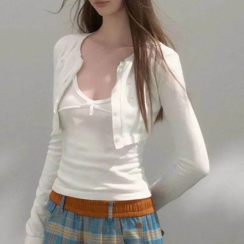 LIZAKOSHT  -  Spring Summer Korean All Match Two Piece Sets Sweet Lace Knitted Hollow Out Short Cardigan Y2k Bow Appliques Basic Slim Tanks