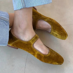 LIZAKOSHT -  Designer Women Velvet Mary Janes Belt Strap Shoes Ladies Square Toe Flats Ballerina Dress Barefoot Loafers Brides Ballets Femmes