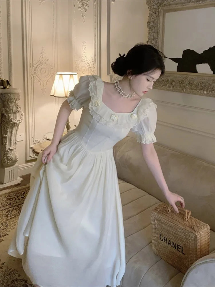 LIZAKOSHT  -  Summer Women Elegant Flower Wedding Party Dress Vintage Female France Ruffles Prom Dress Birthday Lady Princess Beach Dress