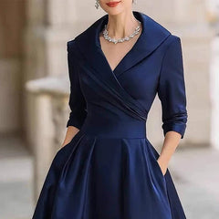 LIZAKOSHT  -  Women Elegant Wedding Guest Satin Dress Turndown Collar Mid-Length Waisted A-Line Evening Dress Cocktail Party Midi Dresses