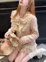 LIZAKOSHT  -  Pink Kawaii Elegant Skirt Suit Women Plaid Korean Sweet Two Piece Set Winter Long Sleeve O-neck Coat + Party Mini Skirt New