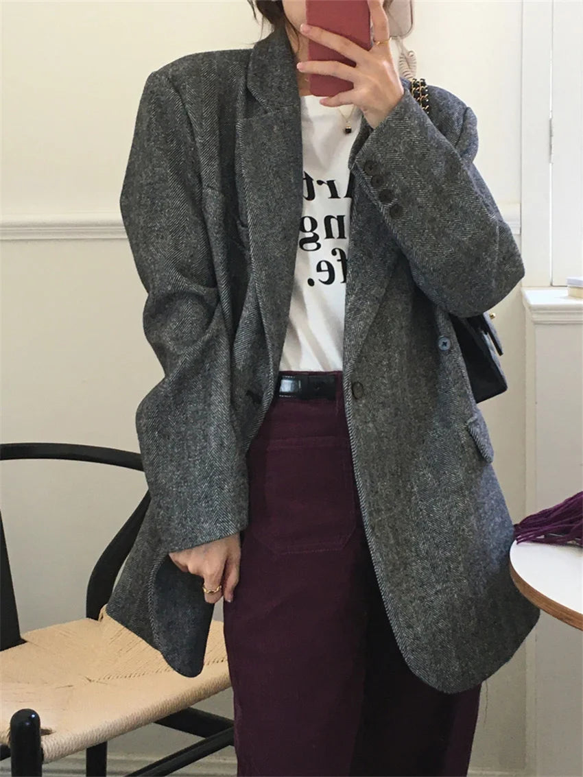 LIZAKOSHT  -  Work Wear Vintage Blazers Women Chic Slim New Autumn Elegant Office Lady High Street Loose Daily Wool Clothe