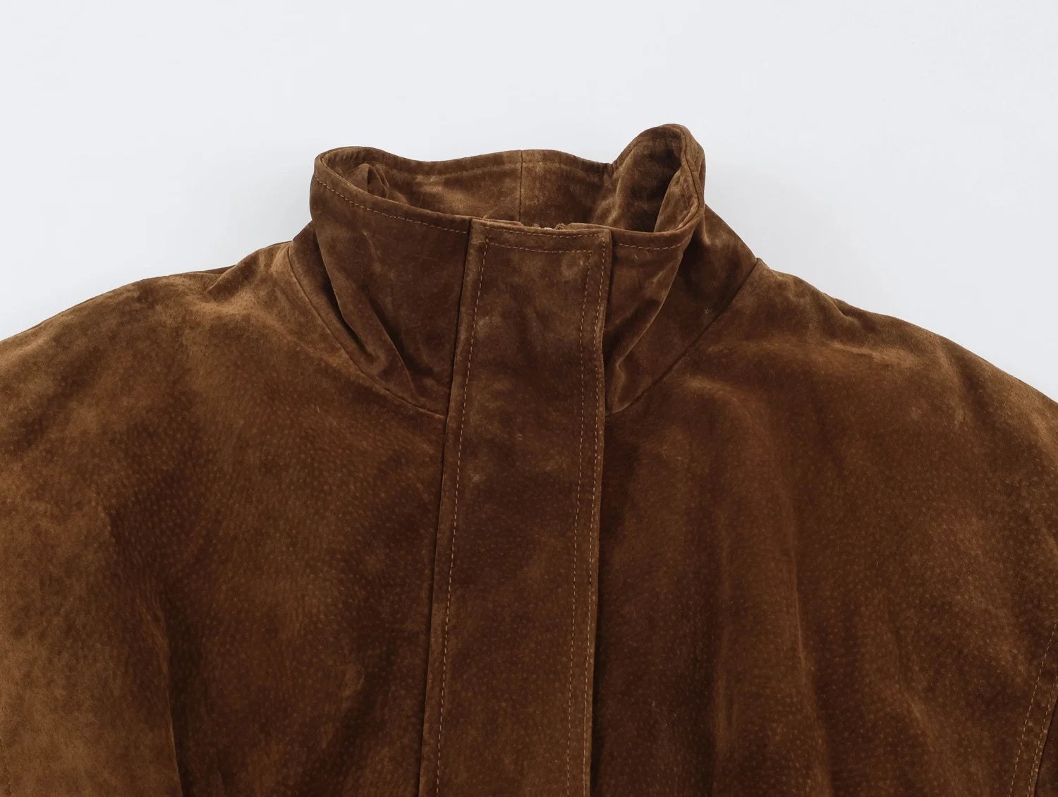 LIZAKOSHT  -  Brown Faux Suede Women Short Coat Stand Collar Zip Front Long Sleeve Waist Belt Buckle Loose Fit Vintage Retro Street Outerwear
