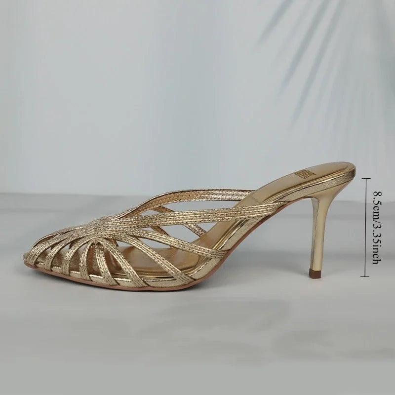 LIZAKOSHT  -  Summer Hollowed Out High Heels Mules Shoes for Women Luxury Golden Cross Woven Design Formal Party Brand Ladies Modern Sandals