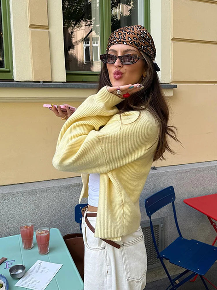 LIZAKOSHT  -  Fashion Single Breasted Knitted Coats Women Elegant Solid O-neck Lantern Sleeve Cardigan Lady Summer Chic Casual Holiday Tops