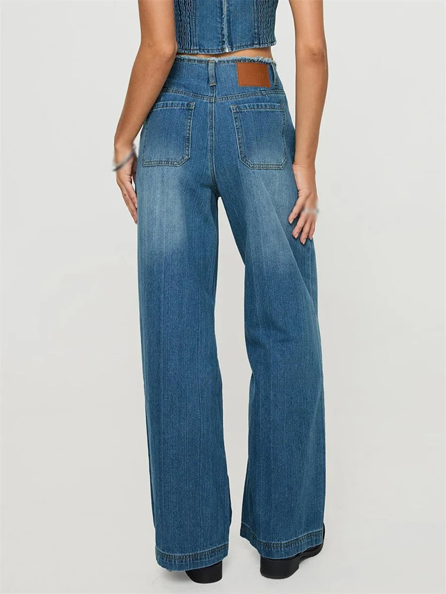 LIZAKOSHT  -  Women's Spring Summer Jeans with Pockets Fashion Loose Fit Casual Solid Low Rise Wide Leg Denim Pants Vintage Streetwear