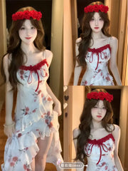 LIZAKOSHT  -  Japan Irregular Dress Sweet Kawaii Vintage Cake Dress Women Casual Lace Floral Bow Dress Summer Evening Party Chic
