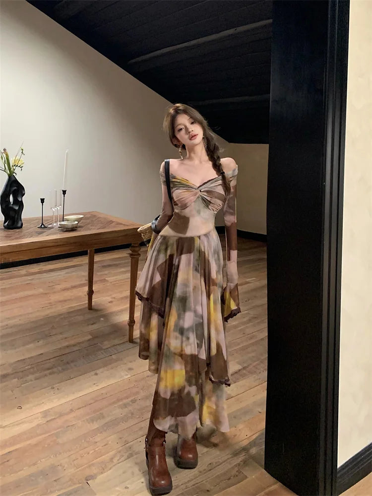 LIZAKOSHT  -  Women's Irregular Dress Sexy Elastic Niche Design Slim Floral Long Sleeve Dresses Elegant Cross-knot Long Dress Summer New Style