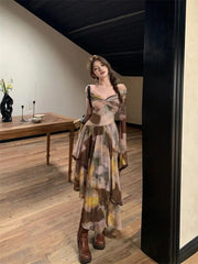 LIZAKOSHT  -  Women's Irregular Dress Sexy Elastic Niche Design Slim Floral Long Sleeve Dresses Elegant Cross-knot Long Dress Summer New Style