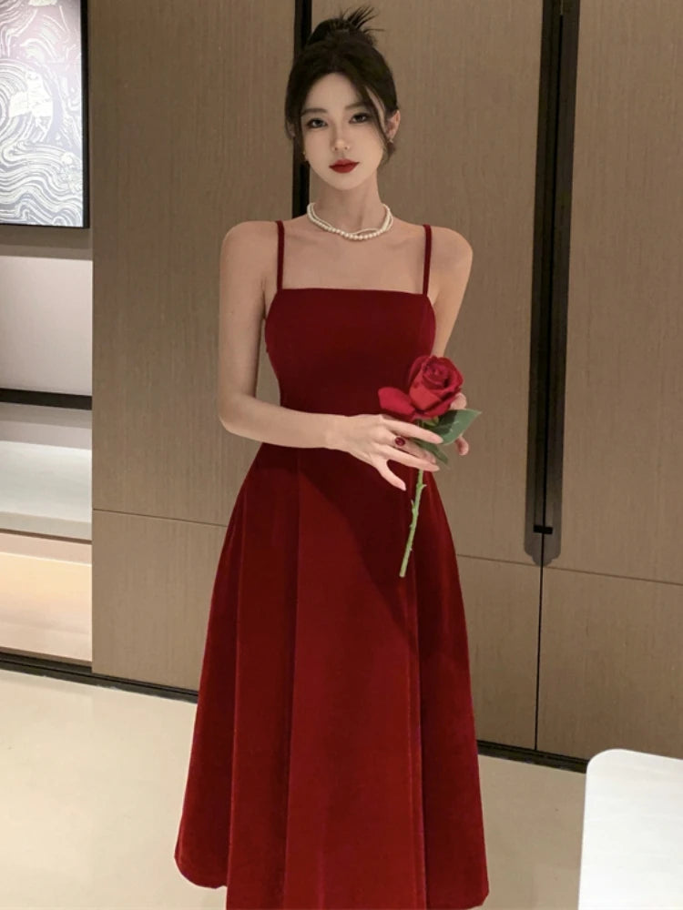 LIZAKOSHT  -  Summer New French Elegant Strap Birthday Party Prom Midi  Velvet Dress For Women Sleeveles  Female One Piece Clothes