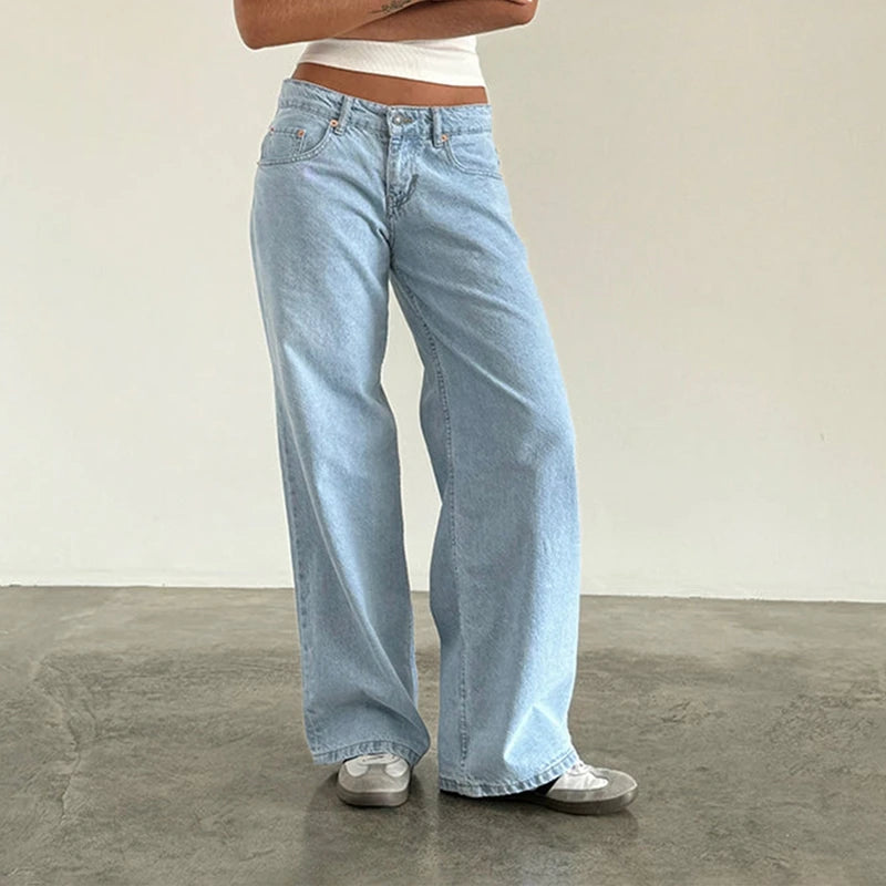 LIZAKOSHT  -  Women Y2K Aesthetic Low Rise Baggy Jeans Loose Fit Boyfriend Straight Wide Leg Denim Pants Trendy Stretch Trousers
