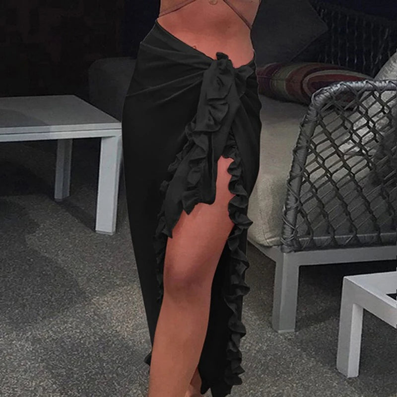 LIZAKOSHT  -  Sweet Ruffls Slit Beach Bikini Cover Up Sexy Transparent Chiffon One Piece Wrap Scarf Swimwear Solid Color All Match Long Skirts