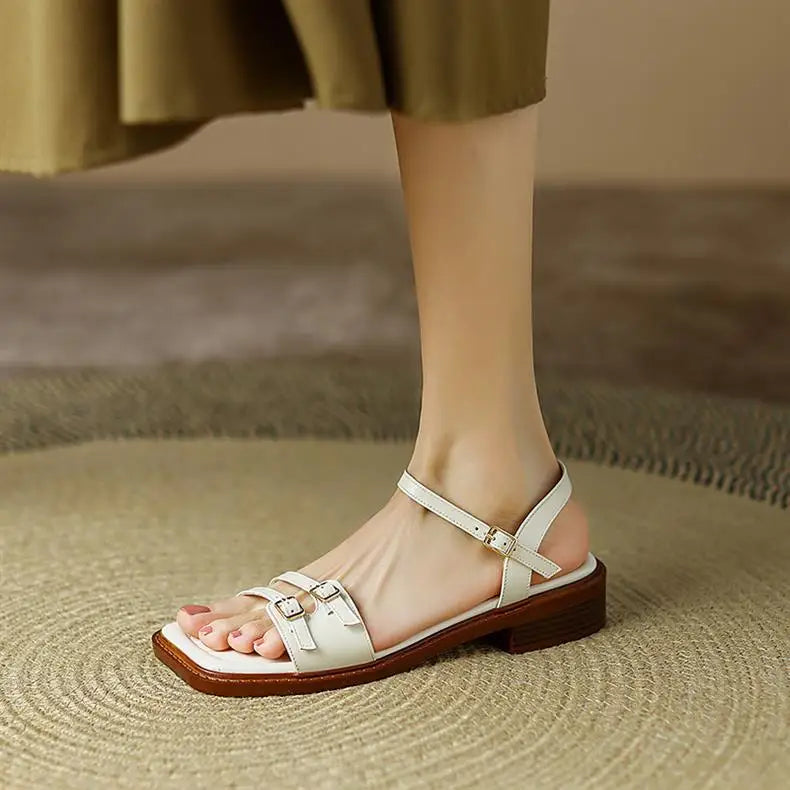LIZAKOSHT  -  new summer double buckle women sandals retro low heel narrow band gladiator sandalias mujer dress shoes summer footwear