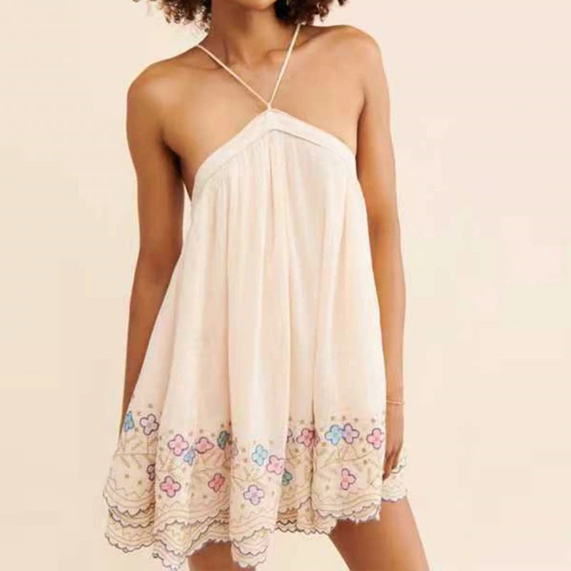 LIZAKOSHT  -  Sexy Halter Hollow Out Pleated Short Dress Summer New Backless Floral Printed Party Dress Elegant Off Shoulder Club Mini Dresses