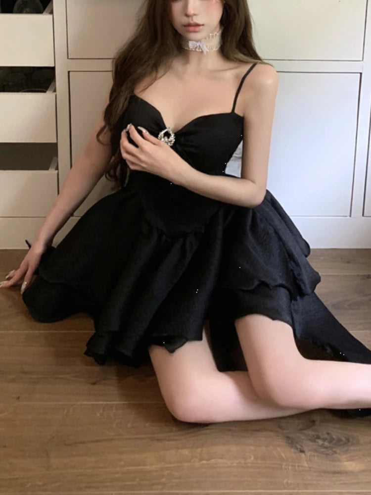 LIZAKOSHT  -  French Luxury Sweet Dress Women Slim Fit Waist Cinched Spaghetti Strap Puff Mini Dress Birthday Party Princess Fashion Clothes