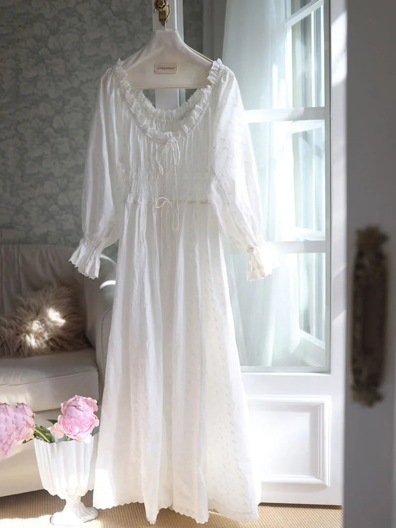 LIZAKOSHT  -  Cotton Embroidery French Languid U-Neck Ruffles Princess Nightgown Lace-up Vintage Fairy Night Dress Spring Pajamas Sleepwear