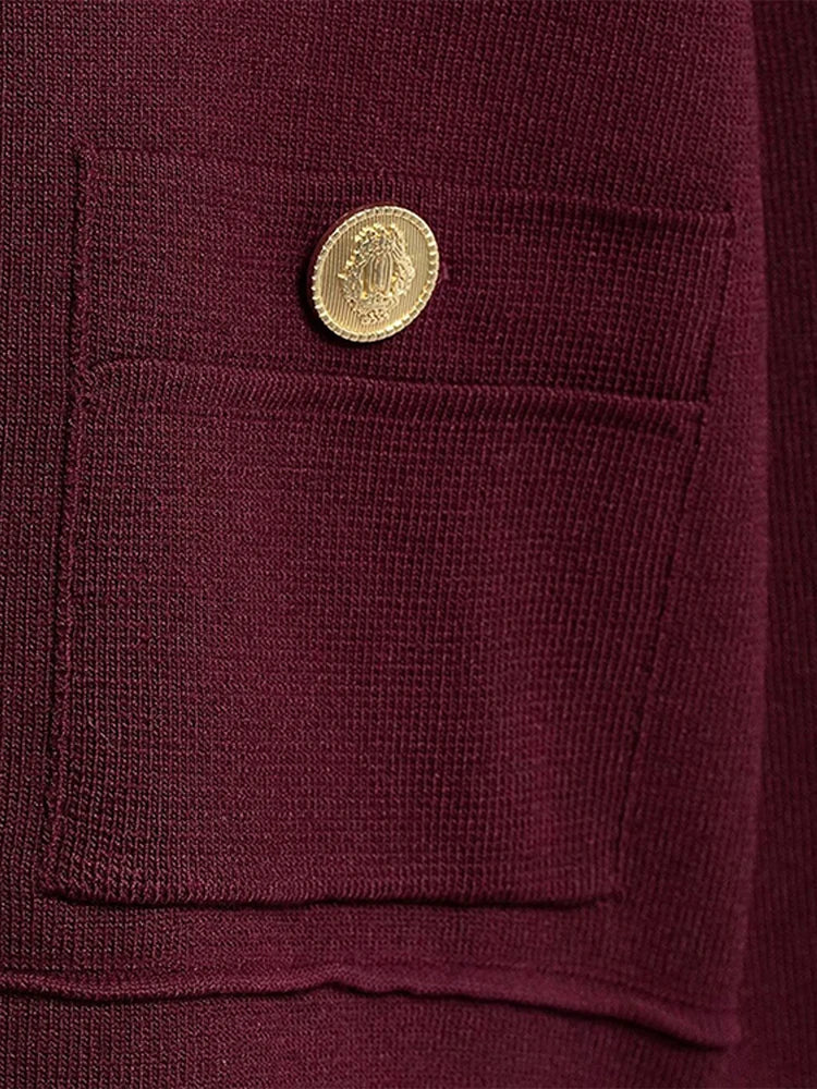 LIZAKOSHT  -  Gold Single Breasted Sweater Knitted Shirt Top Short Skirt Set Women Lapel Double Pockets Knitwear Slim Fit Coat Pleated Skirts