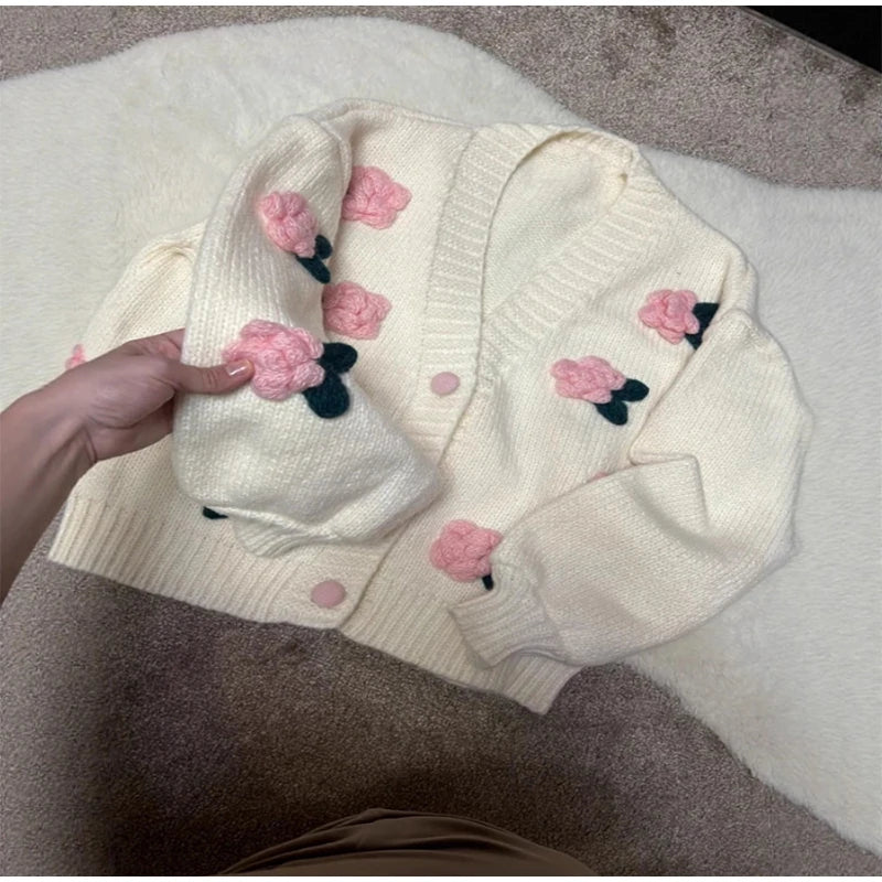 LIZAKOSHT  -  3D Flower Knitted Cardigan Woman Loose Long Sleeves Single Breasted V-Neck Casual Coats Versatile Women's Early Autumn Cardigans