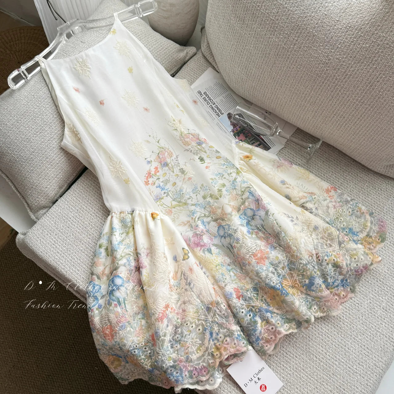 LIZAKOSHT  -  Off White Elegant Kawaii Fairycore Floral Print Chiffon Ruched Waist Halter Mini Dress Women Girls Summer Beach Party Daily Wear
